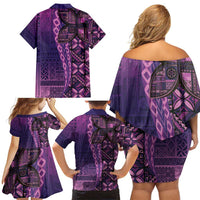 Samoan Pacific Tribal Flower Geometric Art Tattoos Family Matching Off Shoulder Short Dress and Hawaiian Shirt Siapo Pattern Purple Haze LT03 - Polynesian Pride