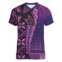 Samoan Pacific Tribal Flower Geometric Art Tattoos Women V-Neck T-Shirt Siapo Pattern Purple Haze LT03 Female Purple - Polynesian Pride