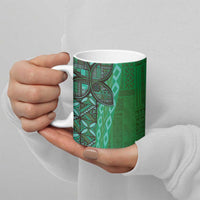 Samoan Pacific Tribal Flower Geometric Art Tattoos Ceramic Mug Siapo Pattern Emerald Glow LT03 - Polynesian Pride
