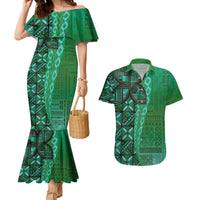 Samoan Pacific Tribal Flower Geometric Art Tattoos Couples Matching Mermaid Dress and Hawaiian Shirt Siapo Pattern Emerald Glow LT03 Green - Polynesian Pride