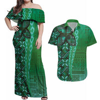 Samoan Pacific Tribal Flower Geometric Art Tattoos Couples Matching Off Shoulder Maxi Dress and Hawaiian Shirt Siapo Pattern Emerald Glow LT03 Green - Polynesian Pride