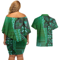 Samoan Pacific Tribal Flower Geometric Art Tattoos Couples Matching Off Shoulder Short Dress and Hawaiian Shirt Siapo Pattern Emerald Glow LT03 - Polynesian Pride