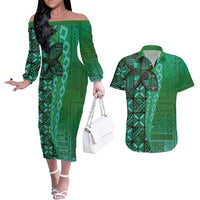 Samoan Pacific Tribal Flower Geometric Art Tattoos Couples Matching Off The Shoulder Long Sleeve Dress and Hawaiian Shirt Siapo Pattern Emerald Glow LT03 Green - Polynesian Pride