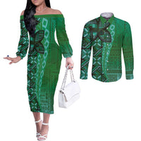 Samoan Pacific Tribal Flower Geometric Art Tattoos Couples Matching Off The Shoulder Long Sleeve Dress and Long Sleeve Button Shirt Siapo Pattern Emerald Glow LT03 Green - Polynesian Pride