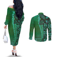 Samoan Pacific Tribal Flower Geometric Art Tattoos Couples Matching Off The Shoulder Long Sleeve Dress and Long Sleeve Button Shirt Siapo Pattern Emerald Glow LT03 - Polynesian Pride