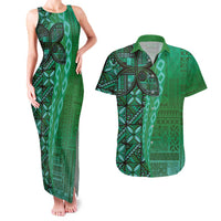 Samoan Pacific Tribal Flower Geometric Art Tattoos Couples Matching Tank Maxi Dress and Hawaiian Shirt Siapo Pattern Emerald Glow LT03 Green - Polynesian Pride
