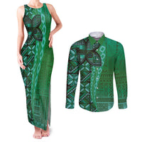 Samoan Pacific Tribal Flower Geometric Art Tattoos Couples Matching Tank Maxi Dress and Long Sleeve Button Shirt Siapo Pattern Emerald Glow LT03 Green - Polynesian Pride