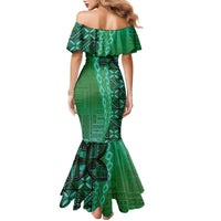 Samoan Pacific Tribal Flower Geometric Art Tattoos Family Matching Mermaid Dress and Hawaiian Shirt Siapo Pattern Emerald Glow LT03 - Polynesian Pride