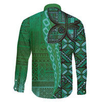 Samoan Pacific Tribal Flower Geometric Art Tattoos Family Matching Off The Shoulder Long Sleeve Dress and Hawaiian Shirt Siapo Pattern Emerald Glow LT03 - Polynesian Pride