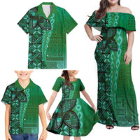 Samoan Pacific Tribal Flower Geometric Art Tattoos Family Matching Off Shoulder Maxi Dress and Hawaiian Shirt Siapo Pattern Emerald Glow LT03 - Polynesian Pride