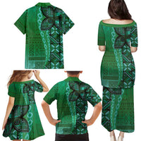 Samoan Pacific Tribal Flower Geometric Art Tattoos Family Matching Puletasi and Hawaiian Shirt Siapo Pattern Emerald Glow LT03 - Polynesian Pride