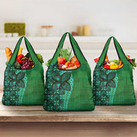 Samoan Pacific Tribal Flower Geometric Art Tattoos Grocery Bag Siapo Pattern Emerald Glow - Polynesian Pride