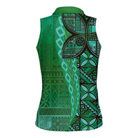 Samoan Pacific Tribal Flower Geometric Art Tattoos Women Sleeveless Polo Shirt Siapo Pattern Emerald Glow LT03 - Polynesian Pride