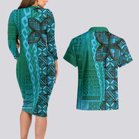 Samoan Pacific Tribal Flower Geometric Art Tattoos Couples Matching Long Sleeve Bodycon Dress and Hawaiian Shirt Siapo Pattern Turquoise Tide LT03 - Polynesian Pride