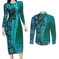 Samoan Pacific Tribal Flower Geometric Art Tattoos Couples Matching Long Sleeve Bodycon Dress and Long Sleeve Button Shirt Siapo Pattern Turquoise Tide LT03 Turquoise - Polynesian Pride
