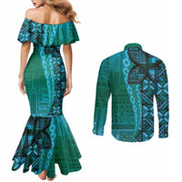 Samoan Pacific Tribal Flower Geometric Art Tattoos Couples Matching Mermaid Dress and Long Sleeve Button Shirt Siapo Pattern Turquoise Tide LT03 - Polynesian Pride