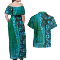 Samoan Pacific Tribal Flower Geometric Art Tattoos Couples Matching Off Shoulder Maxi Dress and Hawaiian Shirt Siapo Pattern Turquoise Tide LT03 - Polynesian Pride