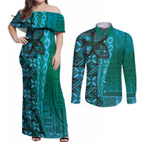 Samoan Pacific Tribal Flower Geometric Art Tattoos Couples Matching Off Shoulder Maxi Dress and Long Sleeve Button Shirt Siapo Pattern Turquoise Tide LT03 Turquoise - Polynesian Pride