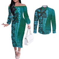 Samoan Pacific Tribal Flower Geometric Art Tattoos Couples Matching Off The Shoulder Long Sleeve Dress and Long Sleeve Button Shirt Siapo Pattern Turquoise Tide LT03 Turquoise - Polynesian Pride