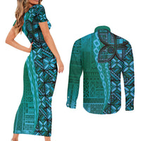 Samoan Pacific Tribal Flower Geometric Art Tattoos Couples Matching Short Sleeve Bodycon Dress and Long Sleeve Button Shirt Siapo Pattern Turquoise Tide LT03 - Polynesian Pride