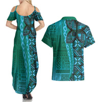 Samoan Pacific Tribal Flower Geometric Art Tattoos Couples Matching Summer Maxi Dress and Hawaiian Shirt Siapo Pattern Turquoise Tide LT03 - Polynesian Pride