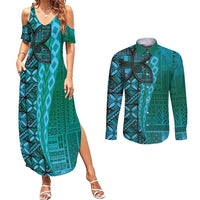 Samoan Pacific Tribal Flower Geometric Art Tattoos Couples Matching Summer Maxi Dress and Long Sleeve Button Shirt Siapo Pattern Turquoise Tide LT03 Turquoise - Polynesian Pride
