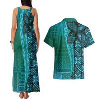 Samoan Pacific Tribal Flower Geometric Art Tattoos Couples Matching Tank Maxi Dress and Hawaiian Shirt Siapo Pattern Turquoise Tide LT03 - Polynesian Pride