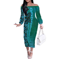 Samoan Pacific Tribal Flower Geometric Art Tattoos Family Matching Off The Shoulder Long Sleeve Dress and Hawaiian Shirt Siapo Pattern Turquoise Tide LT03 Mom's Dress Turquoise - Polynesian Pride