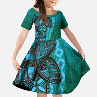 Samoan Pacific Tribal Flower Geometric Art Tattoos Family Matching Off Shoulder Maxi Dress and Hawaiian Shirt Siapo Pattern Turquoise Tide LT03 Daughter's Dress Turquoise - Polynesian Pride