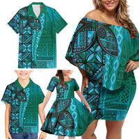 Samoan Pacific Tribal Flower Geometric Art Tattoos Family Matching Off Shoulder Short Dress and Hawaiian Shirt Siapo Pattern Turquoise Tide LT03 - Polynesian Pride