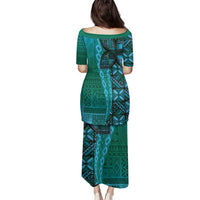 Samoan Pacific Tribal Flower Geometric Art Tattoos Family Matching Puletasi and Hawaiian Shirt Siapo Pattern Turquoise Tide LT03 - Polynesian Pride