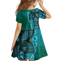 Samoan Pacific Tribal Flower Geometric Art Tattoos Family Matching Short Sleeve Bodycon Dress and Hawaiian Shirt Siapo Pattern Turquoise Tide LT03 - Polynesian Pride