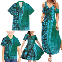 Samoan Pacific Tribal Flower Geometric Art Tattoos Family Matching Summer Maxi Dress and Hawaiian Shirt Siapo Pattern Turquoise Tide LT03 - Polynesian Pride