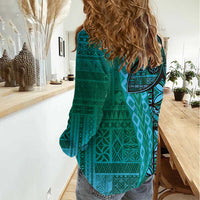 Samoan Pacific Tribal Flower Geometric Art Tattoos Women Casual Shirt Siapo Pattern Turquoise Tide LT03 - Polynesian Pride