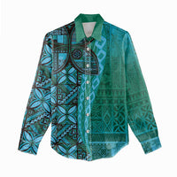 Samoan Pacific Tribal Flower Geometric Art Tattoos Women Casual Shirt Siapo Pattern Turquoise Tide LT03 - Polynesian Pride