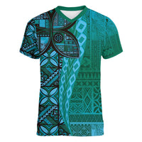 Samoan Pacific Tribal Flower Geometric Art Tattoos Women V-Neck T-Shirt Siapo Pattern Turquoise Tide LT03 Female Turquoise - Polynesian Pride