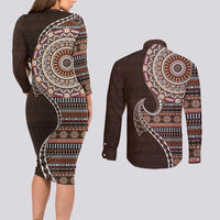 Fijian Masi Tribal Tattoos Art Pattern Couples Matching Long Sleeve Bodycon Dress and Long Sleeve Button Shirt Brown Color Half Style LT03 - Polynesian Pride