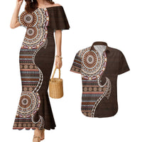 Fijian Masi Tribal Tattoos Art Pattern Couples Matching Mermaid Dress and Hawaiian Shirt Brown Color Half Style LT03 Brown - Polynesian Pride