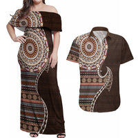 Fijian Masi Tribal Tattoos Art Pattern Couples Matching Off Shoulder Maxi Dress and Hawaiian Shirt Brown Color Half Style LT03 Brown - Polynesian Pride