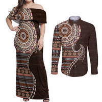 Fijian Masi Tribal Tattoos Art Pattern Couples Matching Off Shoulder Maxi Dress and Long Sleeve Button Shirt Brown Color Half Style LT03 Brown - Polynesian Pride