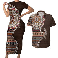 Fijian Masi Tribal Tattoos Art Pattern Couples Matching Short Sleeve Bodycon Dress and Hawaiian Shirt Brown Color Half Style LT03 Brown - Polynesian Pride
