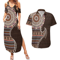 Fijian Masi Tribal Tattoos Art Pattern Couples Matching Summer Maxi Dress and Hawaiian Shirt Brown Color Half Style LT03 Brown - Polynesian Pride
