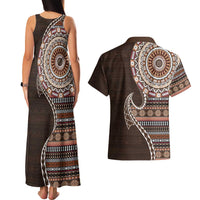 Fijian Masi Tribal Tattoos Art Pattern Couples Matching Tank Maxi Dress and Hawaiian Shirt Brown Color Half Style LT03 - Polynesian Pride