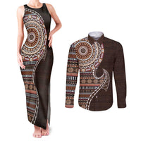 Fijian Masi Tribal Tattoos Art Pattern Couples Matching Tank Maxi Dress and Long Sleeve Button Shirt Brown Color Half Style LT03 Brown - Polynesian Pride