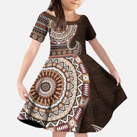 Fijian Masi Tribal Tattoos Art Pattern Family Matching Off The Shoulder Long Sleeve Dress and Hawaiian Shirt Brown Color Half Style LT03 Daughter's Dress Brown - Polynesian Pride