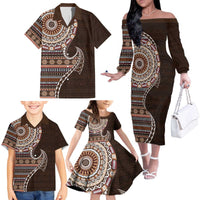 Fijian Masi Tribal Tattoos Art Pattern Family Matching Off The Shoulder Long Sleeve Dress and Hawaiian Shirt Brown Color Half Style LT03 - Polynesian Pride