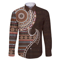 Fijian Masi Tribal Tattoos Art Pattern Family Matching Off The Shoulder Long Sleeve Dress and Hawaiian Shirt Brown Color Half Style LT03 Dad's Shirt - Long Sleeve Brown - Polynesian Pride
