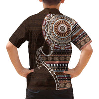 Fijian Masi Tribal Tattoos Art Pattern Family Matching Off Shoulder Short Dress and Hawaiian Shirt Brown Color Half Style LT03 - Polynesian Pride