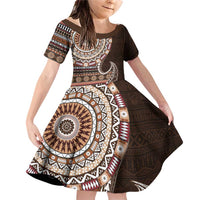 Fijian Masi Tribal Tattoos Art Pattern Family Matching Off Shoulder Short Dress and Hawaiian Shirt Brown Color Half Style LT03 Daughter's Dress Brown - Polynesian Pride
