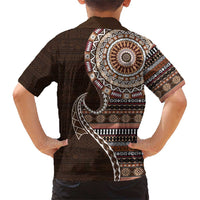 Fijian Masi Tribal Tattoos Art Pattern Family Matching Short Sleeve Bodycon Dress and Hawaiian Shirt Brown Color Half Style LT03 - Polynesian Pride